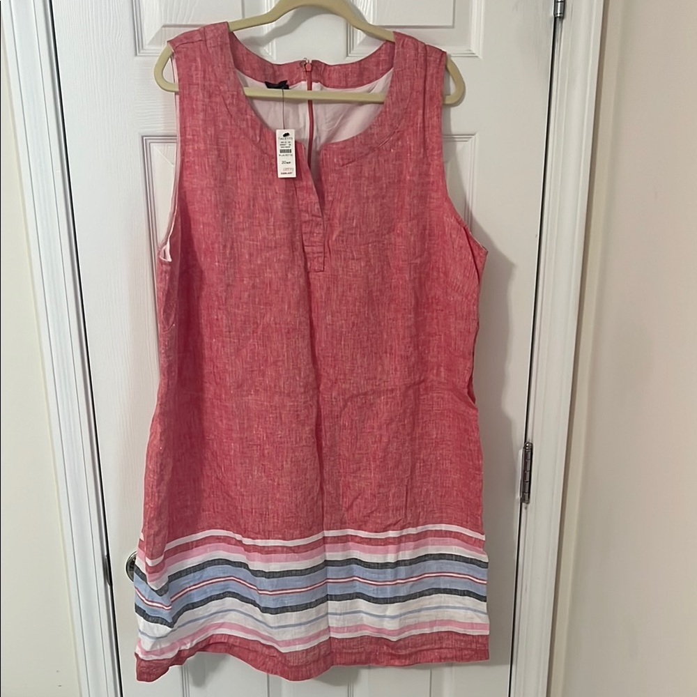 NWT Linen Sleeveless Red Dress with Striped Hem